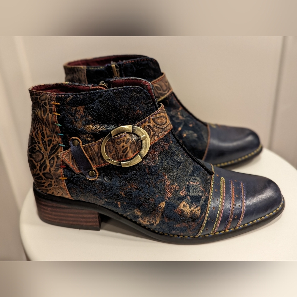 Elegant Women's Ankle Boots in Blue and Brown - Picture 4 of 9